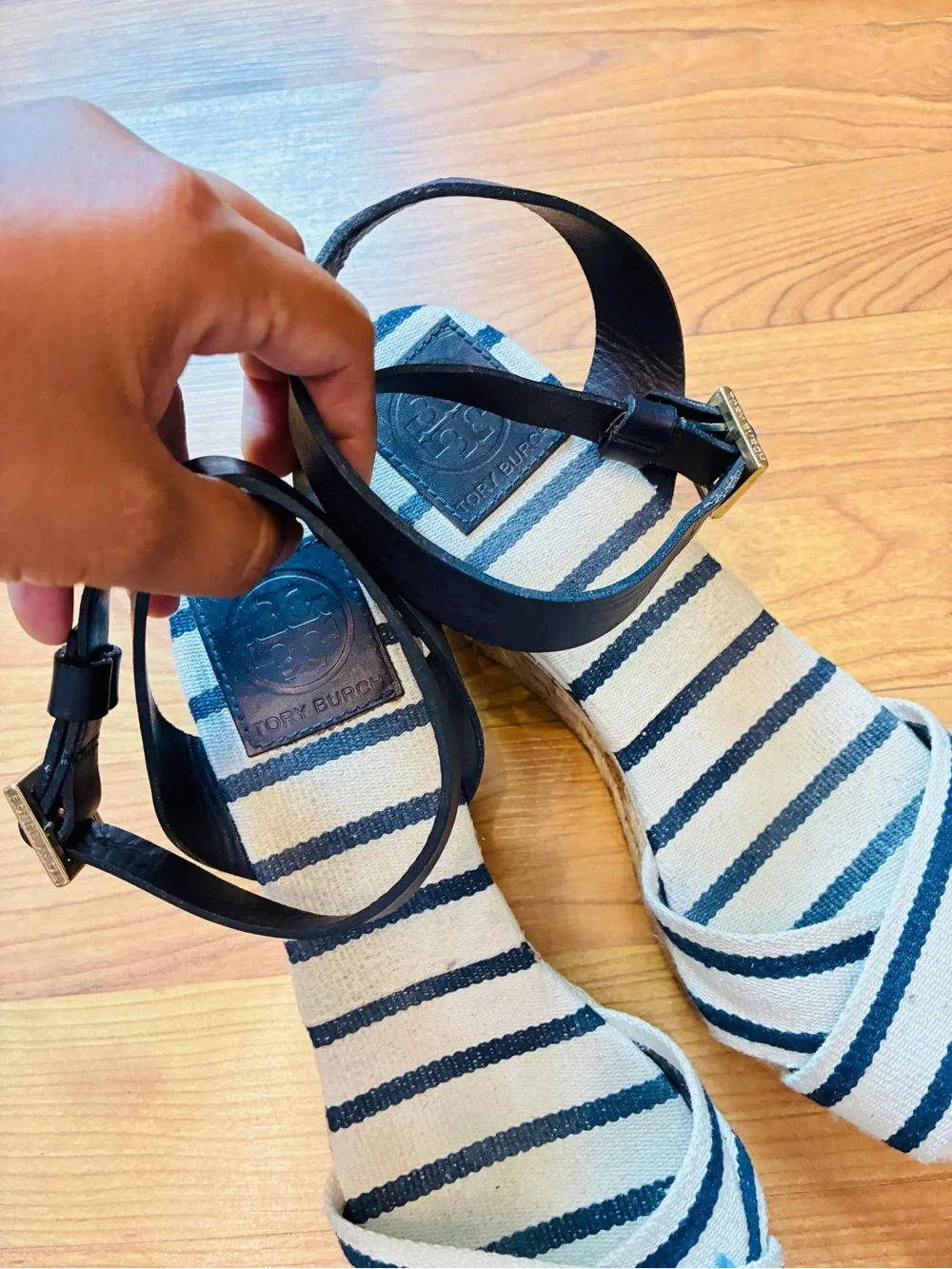 Tory Burch Canvas Stripe Espadrille Platform Wedge Sandals Navy White 8